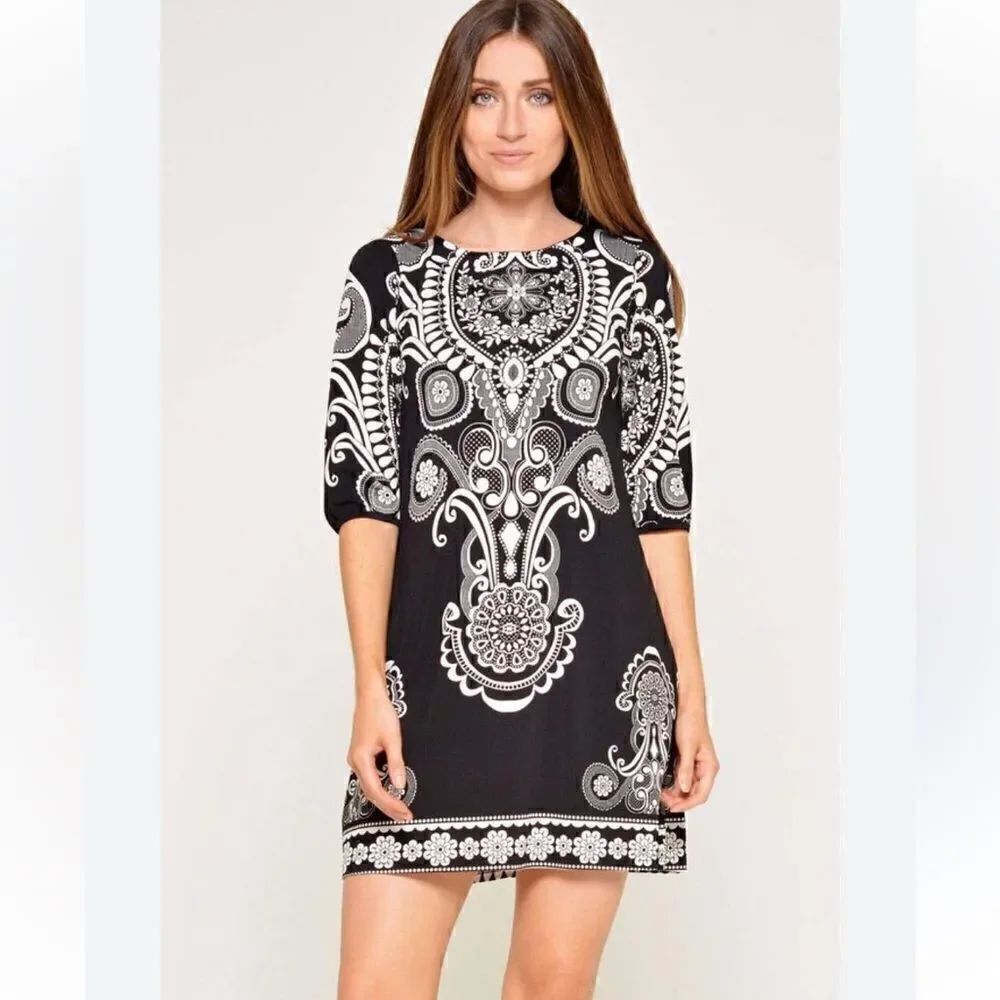 New Directions Women’s Size 12 Sheath Dress Black White Knee Length 3/4 Sleeve